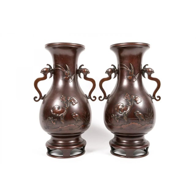 Pair Meiji Japanese Bronze Vases With Bird & Pond Relief For Sale - Image 9 of 11