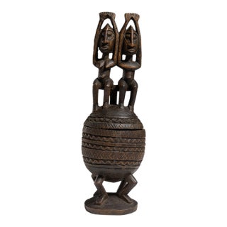 20th Century Dark Brown African Hand-Carved Lidded Vessel with Caryatid Figures For Sale