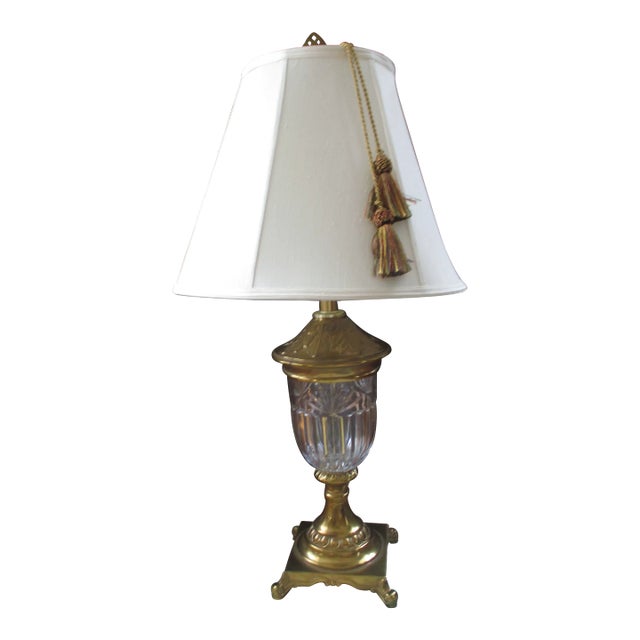 Vintage 1970s Brass & Crystal With Acanthus Leaves Design Table Lamp For Sale