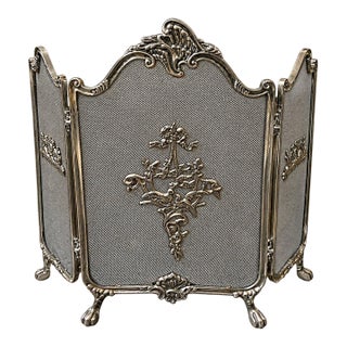 Antique Rococo Style Three Panel Ornate Silver Metal Fireplace Screen Birds For Sale
