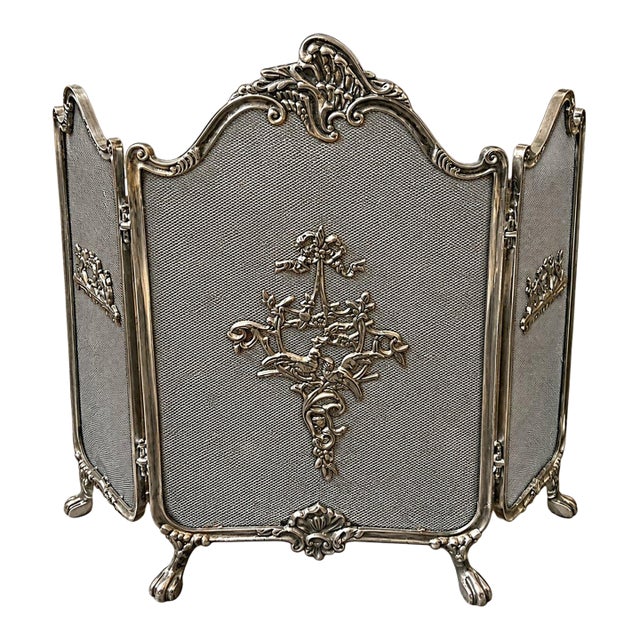 Antique Rococo Style Three Panel Ornate Silver Metal Fireplace Screen Birds For Sale
