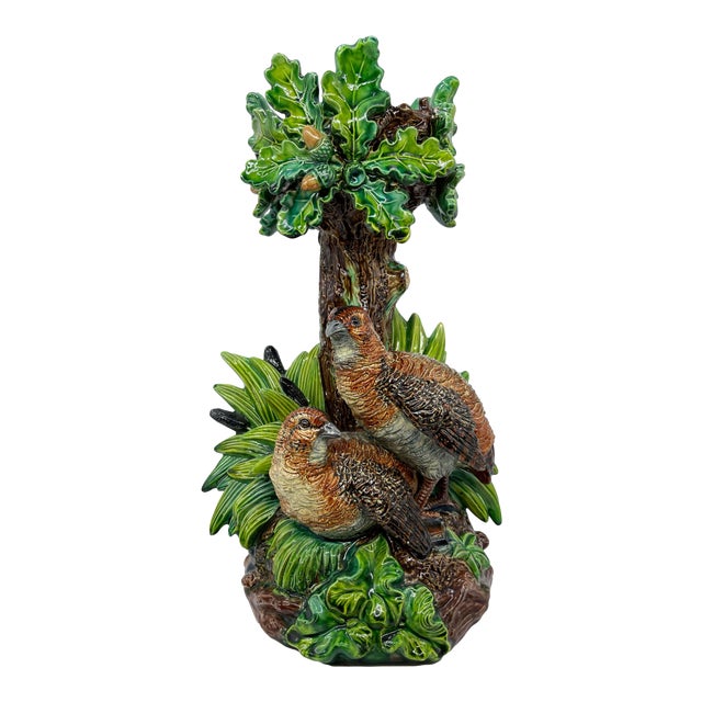 Hugo Lonitz Majolica Table Jardinière Stand With Partridges, Oak Tree, Ca. 1880 For Sale