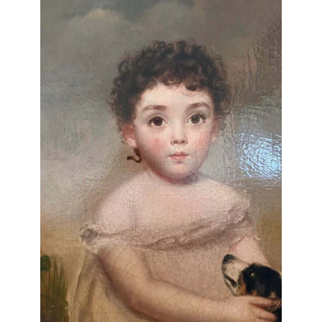 Traditional Large Antique Early 19th Century Oil Painting Portrait of Girl With Her Dog in Giltwood Frame For Sale - Image 3 of 6