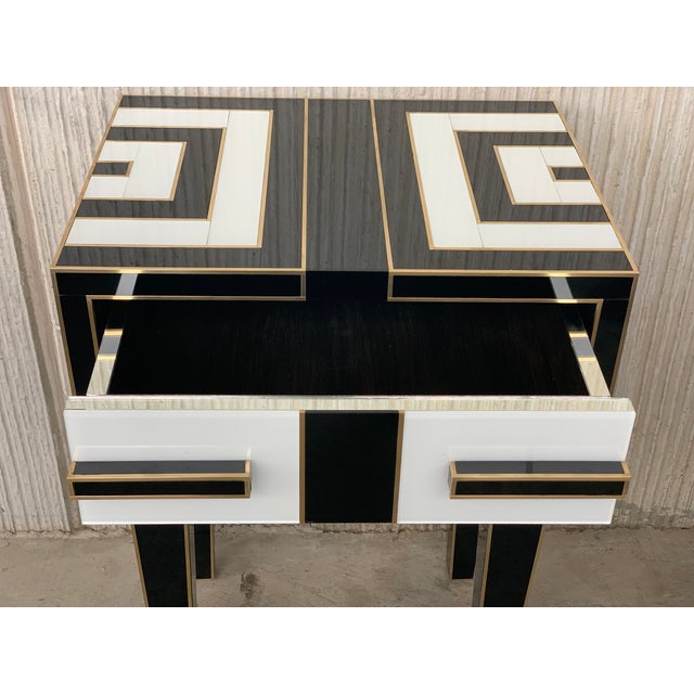 Black New High Black & White Glass & Brass Inlays New Nightstands With Drawer - a Pair For Sale - Image 8 of 13