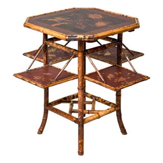 Victorian English Tiger Bamboo Chinoiserie Book Table With Folding Shelves For Sale