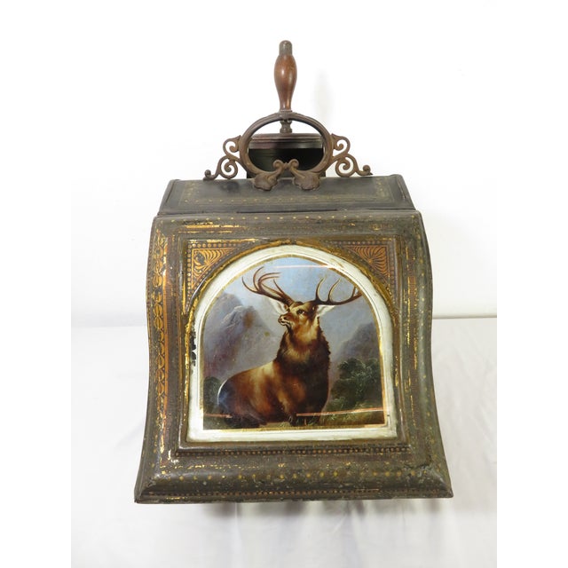 Antique Coal Scuttle Box W/ Reverse Painted Glass of a Buck / Deer ~ Fireplace Functional Art Decor For Sale - Image 9 of 18