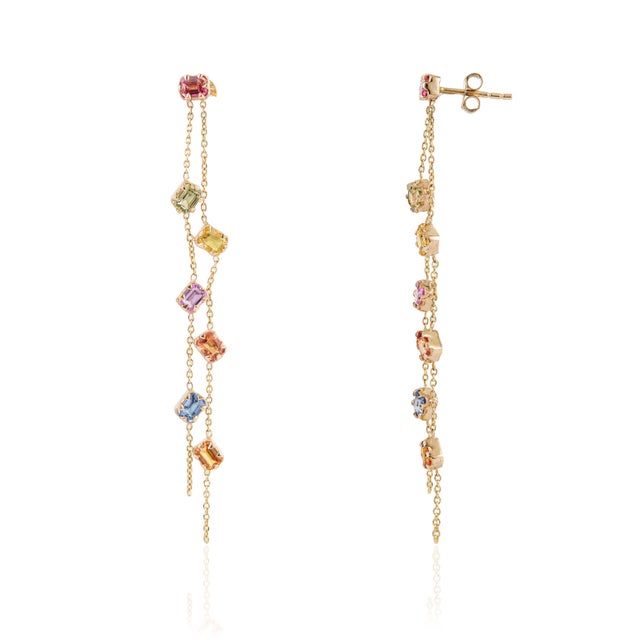 VR Jewels Rainbow Cascade Multicolor Gemstone Drop Earrings by VRJewels in 14k Solid Gold- A Pair For Sale - Image 4 of 16