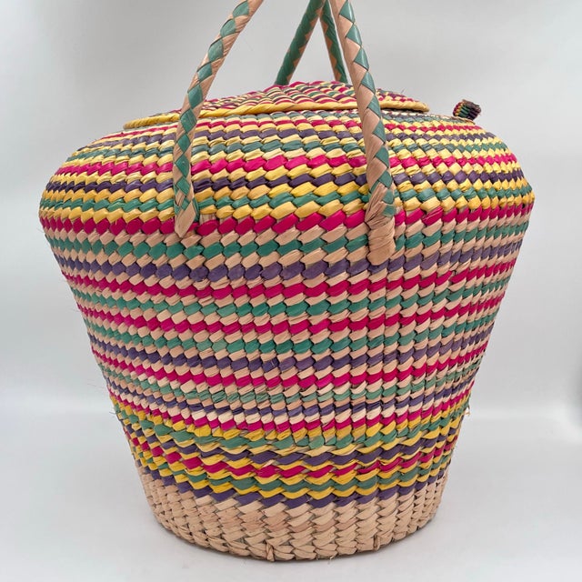 Vintage Rainbow Seagrass Woven Basket: Extra Large Storage, Snake Charmer Basket For Sale - Image 9 of 12