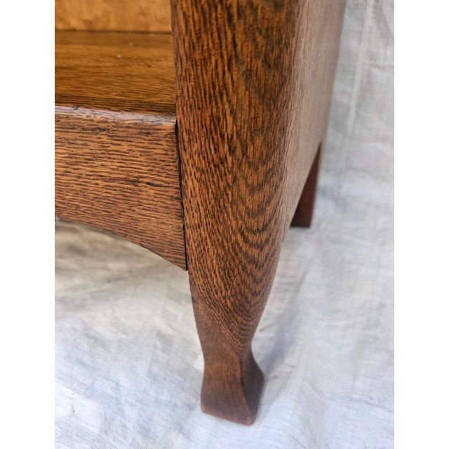 1900 - 1909 Antique Mission Quarter Sawn Tiger Oak Narrow Open Bookcase With Birdseye Maple Back, c.1900 For Sale - Image 5 of 18