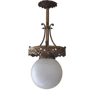 19thc French Antique Rococo/ Bronze With Ormolu & Opaline Ceiling Pendant Light/ Plafonnier For Sale