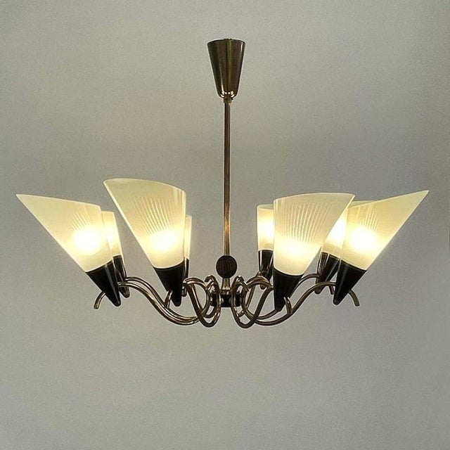 Scandinavian Opaline Glass and Brass Chandelier, 1950s For Sale - Image 16 of 17