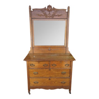 Antique Victorian Quartersawn Oak Serpentine Mirrored Chest of Drawers Dresser For Sale
