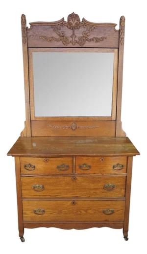 Antique Victorian Quartersawn Oak Serpentine Mirrored Chest of Drawers Dresser