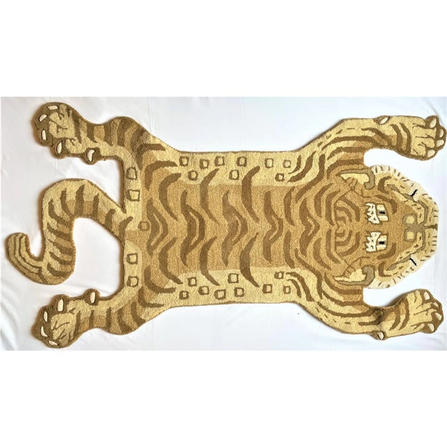 Tiger Hunting Shape Persian Rug in Khaki Tufted Wool For Sale - Image 4 of 5