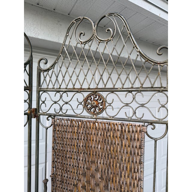 Vintage Wrought Iron & Woven Rattan Folding Room Divider Screen For Sale - Image 9 of 12