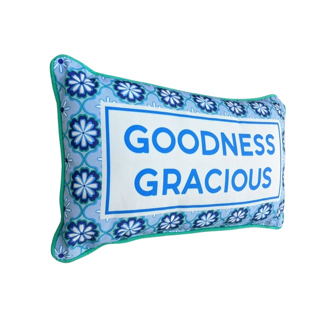 Modern Indoor Outdoor Reversible Pillow Blue Text "Goodness Gracious" on the front with a Flower Border, and a Green and...
