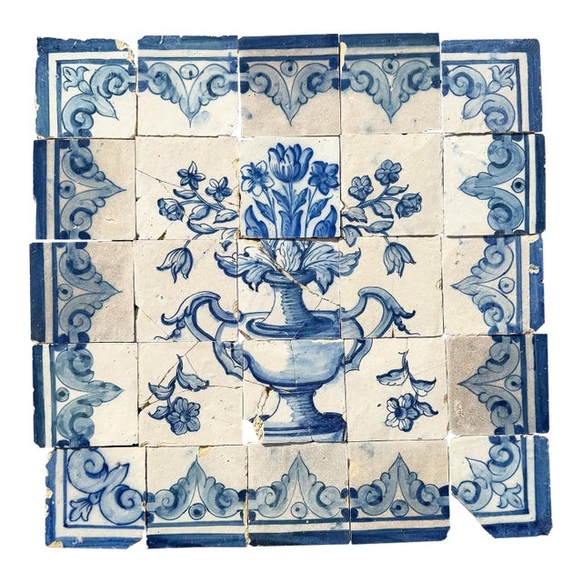 Antique 18th Century Portuguese Baroque Blue & White Floral Tile Panel For Sale