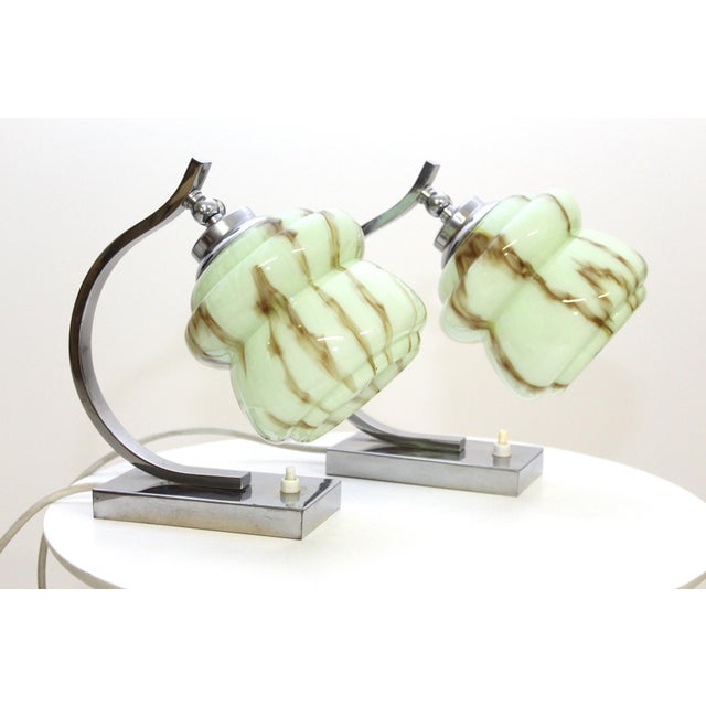 Chrome-Plated Brass and Marbled Opal Glass Table Lamps, 1930s, Set of 2 For Sale - Image 10 of 15