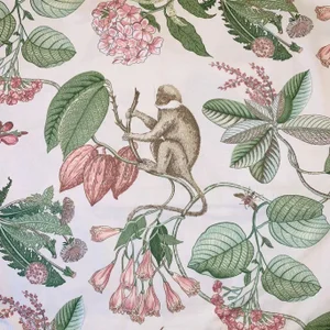 P Kaufmann Designer Lydia Irwin Ivory Pink Green & Tan Botanical Floral Jungle Leaves Monkey Tropical Fabric Sample