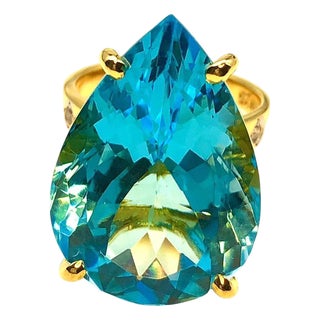 Bochic "Capri" Vintage Blue Topaz & Diamond RIng Set In 18K Gold & Silver For Sale
