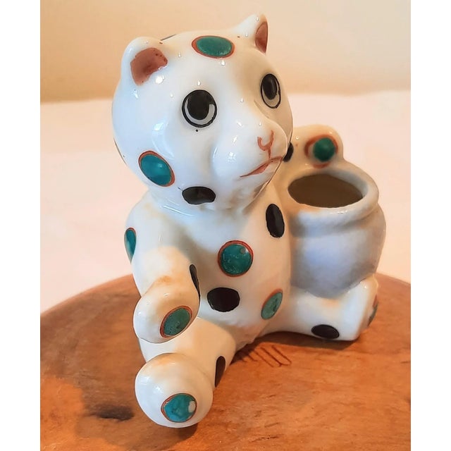 Vintage mid century hand painted Bear.. maybe Cat polka dot holder. This could hold toothpicks, toothbrush, pens, pencils,...