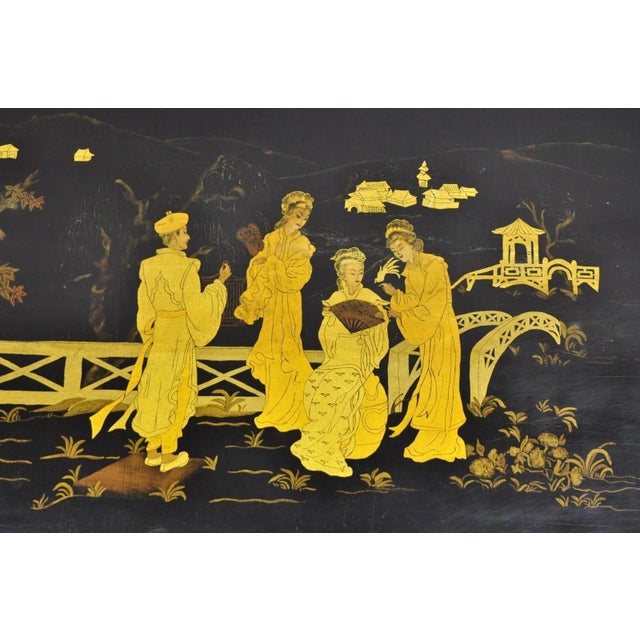 Early 20th Century Vintage Chinoiserie Oriental Black Lacquer Gold Gilt Trestle Bench Coffee Table For Sale - Image 5 of 12