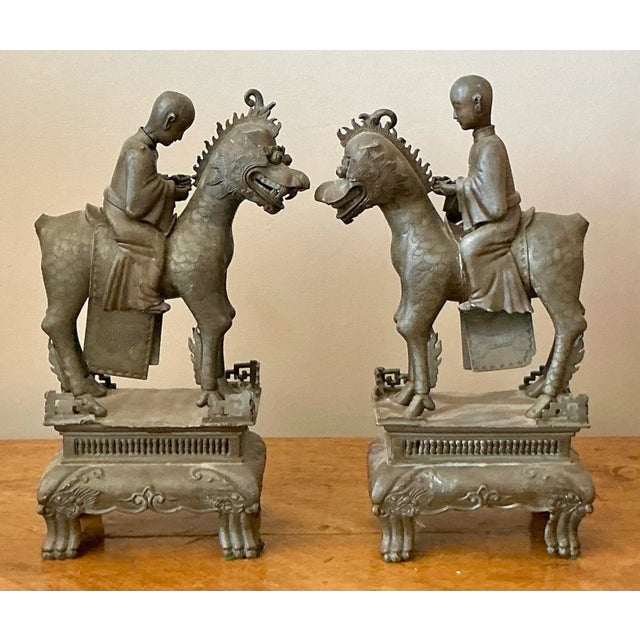 Vintage Asian Pewter Immortal Couple Garden Ornaments - Set of 2 For Sale - Image 9 of 10