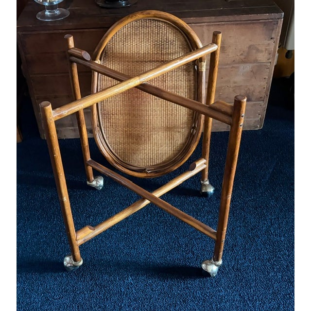 Brown Mid Century Bent Rattan and Wicker Bar Cart With Removable Rattan and Wicker Tray For Sale - Image 8 of 9