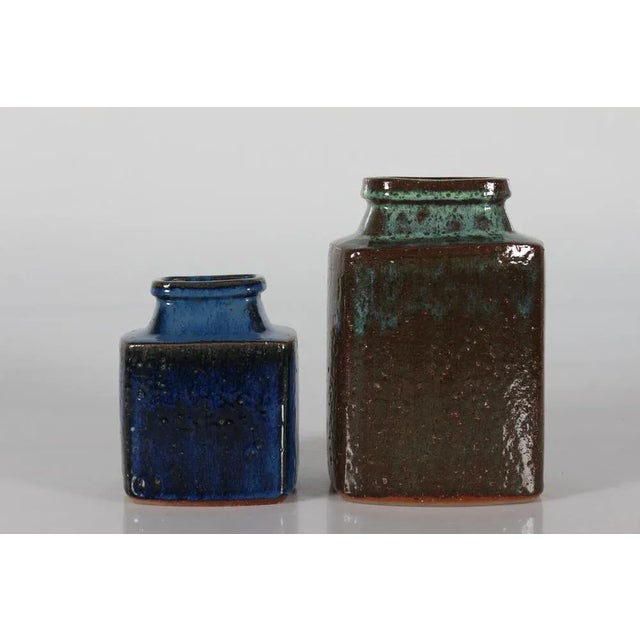 Brown Brutalist Danish Square Rustic Ceramic Vases by Jytte Trebbien, 1970s, Set of 2 For Sale - Image 8 of 8