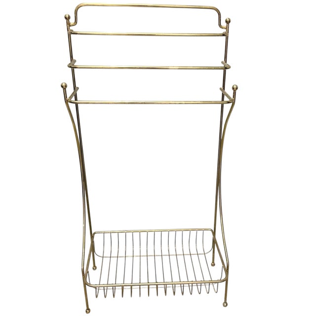 Vintage Hollywood Regency MCM Heavy Brass Freestanding Floor Towel Rack Shelf. 3 hanging rungs with basket at base....