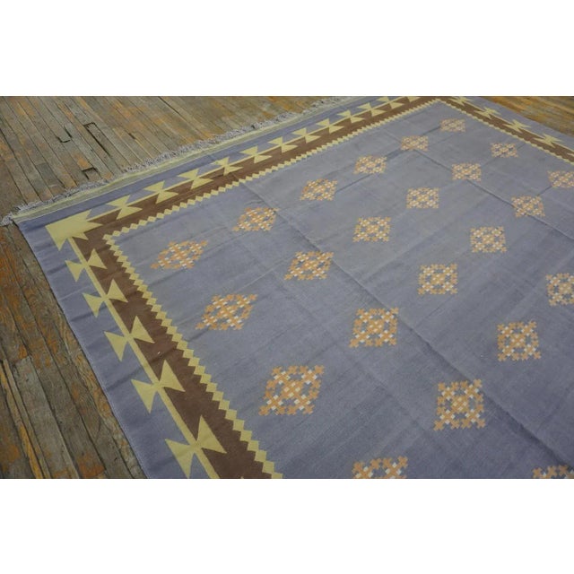 1930s Blue Gray Diamond Antique Indian Cotton Dhurrie Carpet Flatweave Large Rug For Sale - Image 11 of 17