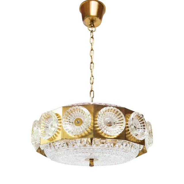 Crystal and Brass Ceiling Lamp attributed Carl Fagerlund, 1960s For Sale