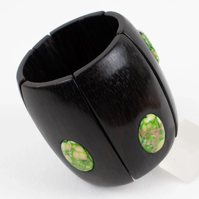 Wood Monies Massive Ebony Wood and Stone Cabochons Stretch Bracelet Bangle For Sale - Image 7 of 12