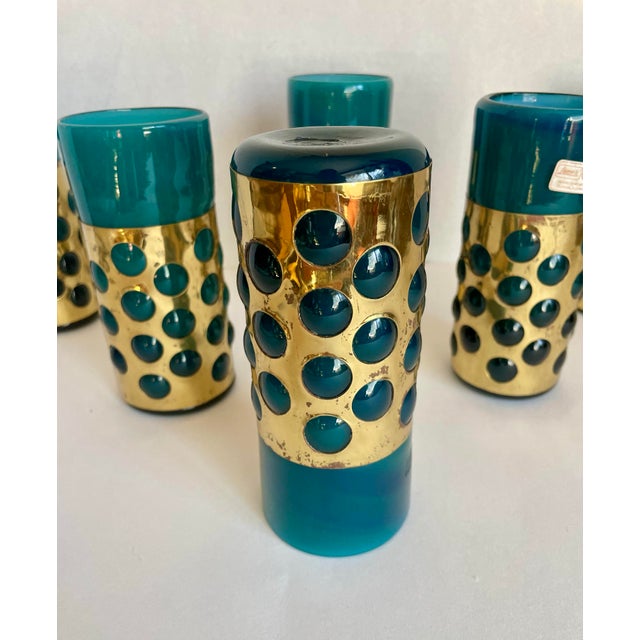 Mid 20th Century Mexican Hand-Blown Caged Blue Art Glass and Brass Glasses Made by Jomeli - Set of 6 For Sale - Image 9 of 12