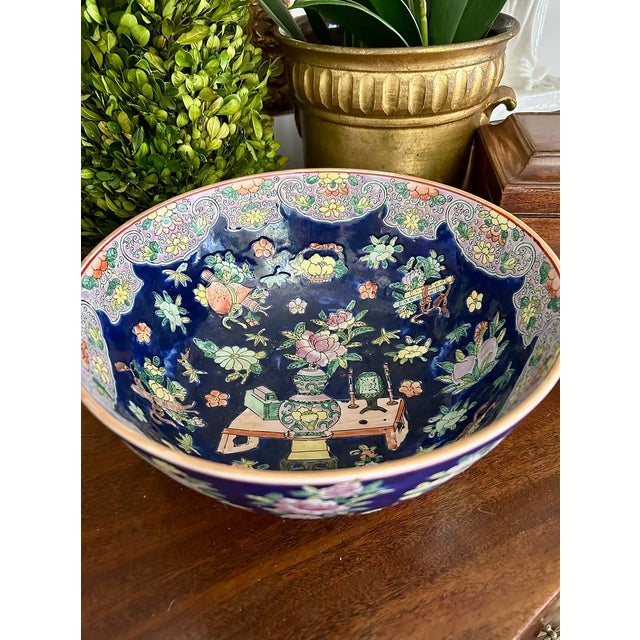Ceramic Vintage Chinese Famille Rose Cobalt Blue Porcelain Bowl For Sale - Image 7 of 7