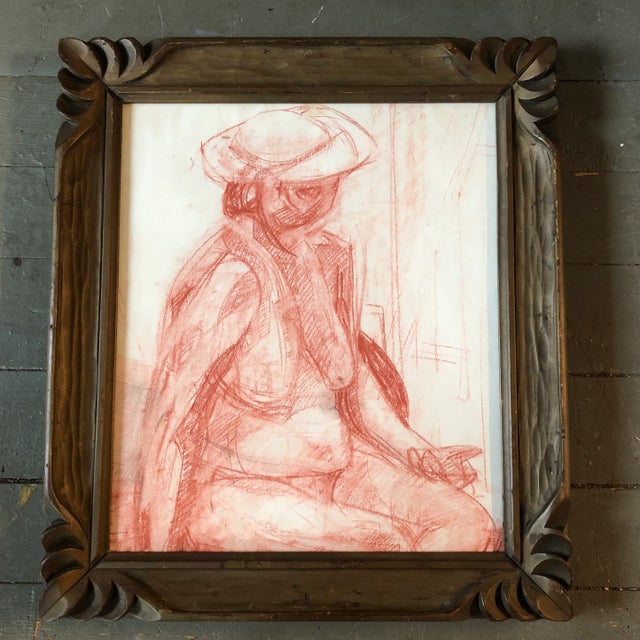 1960’s Vintage Original Sepia Female Nude Abstract Drawing Carved Wood Vintage Frame For Sale - Image 4 of 4