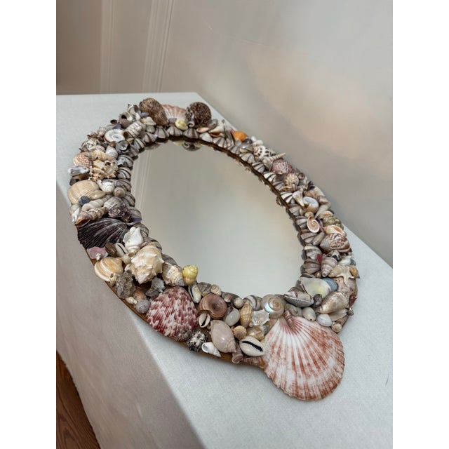 Mid Century Palm Beach Regency Oval Shell Encrusted Wall Mirror in the Style of Tony Duquette For Sale - Image 9 of 12