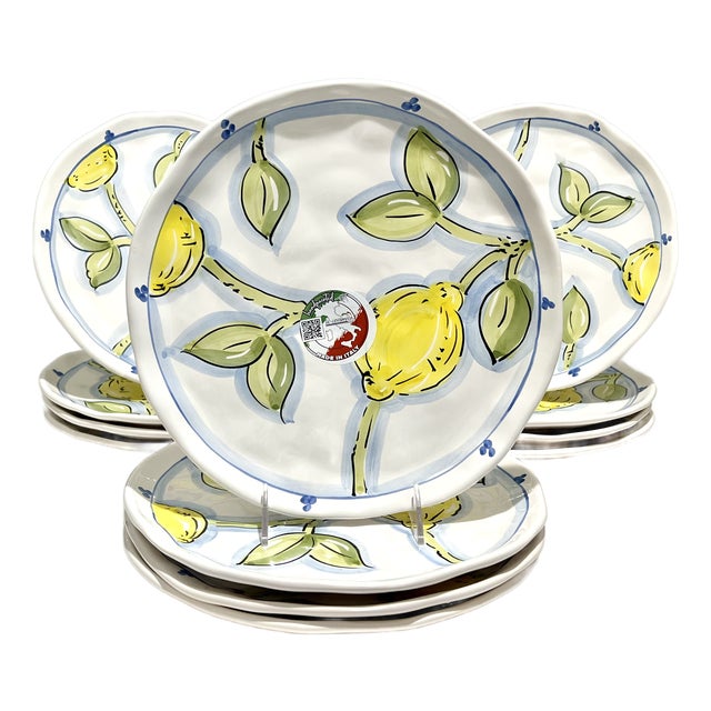 Handpainted Italian Lemon Dinner Plates Blue White Citrus Dining - Set of 12 For Sale