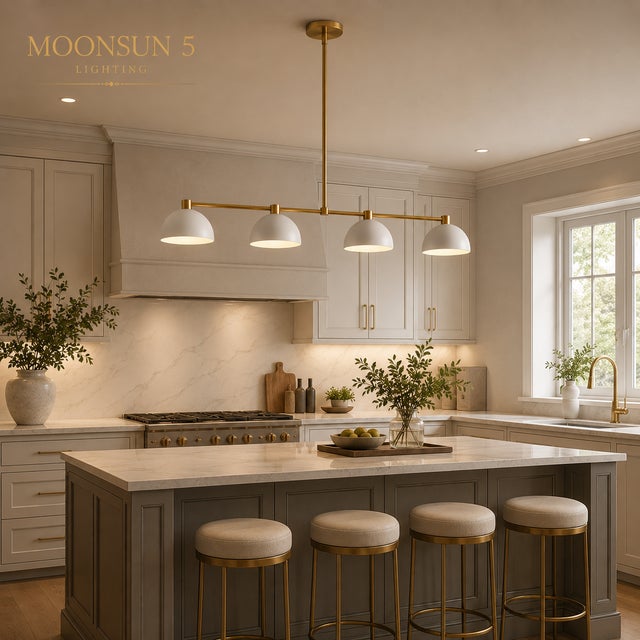 Modern Linear Chandelier 4 Light, Matte Off White Dome Pendant Light Brass Dining Room Fixture, Kitchen Island Lighting, Minimalist Light For Sale - Image 4 of 12