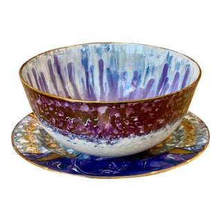 Vintage Set of Rob Turner Hand Painted Bone China Bowl and Platter- 2 Pieces For Sale