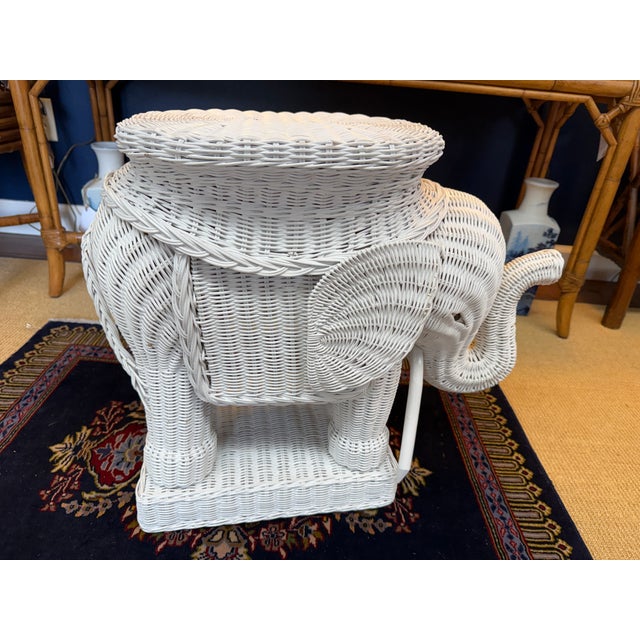 Wood Vintage White Wicker Elephant Side Table, Trunk Up For Sale - Image 7 of 9