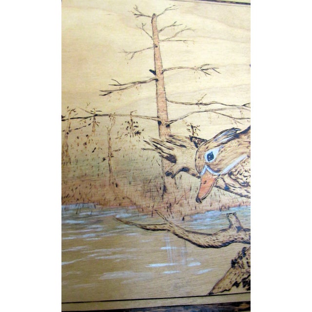 Wood Late 20th Century Folk Art Choctaw Native American Pyrogrophy Wood Burning Wood Duck Art Signed For Sale - Image 7 of 15