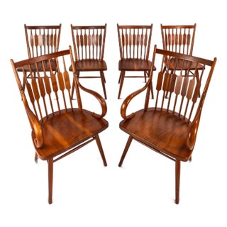 Set of Six (6) Mid-Century Modern (2 Arm + 4 Side) Windsor "Centennial" Chairs in Walnut Attributed to Kipp Stewart for Drexel, Usa, C. 1960's For Sale