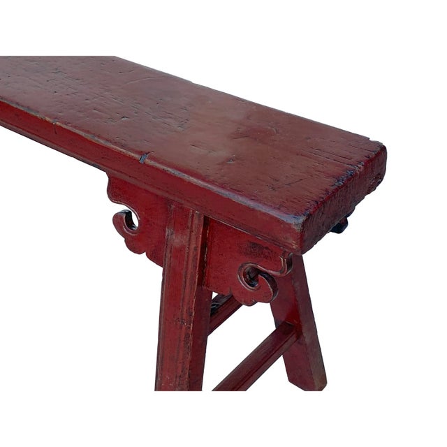 Vintage Oxblood Red Rural Village Rustic Slim Wood Seating Bench For Sale In San Francisco - Image 6 of 7