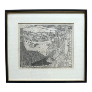 English Pencil Drawing of a Harbor Scene Signed L R Hayward For Sale