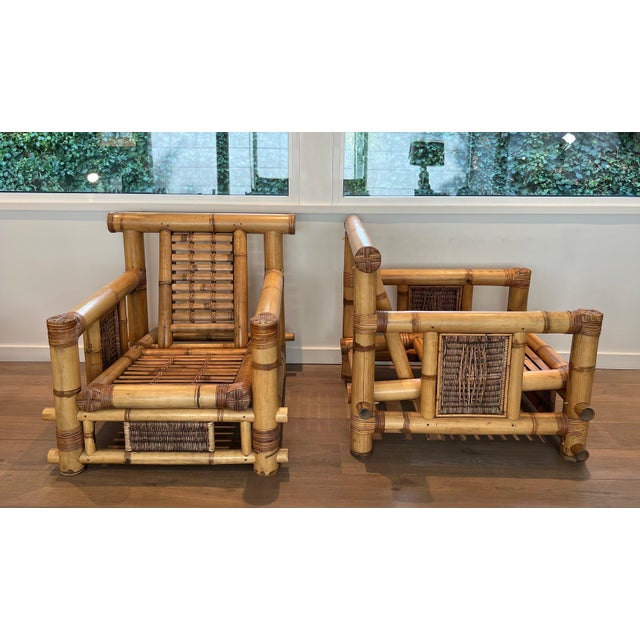 1970s Pair of large bamboo armchairs with Pierre Frey cushions For Sale - Image 11 of 12