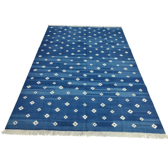 Mid-Century Modern Handmade Cotton Diamond Rug, Blue And White 8'x10' For Sale - Image 3 of 7