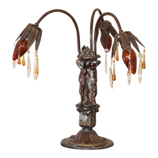 Antique Art Nouveau Cast Metal 3-Armed Parlor Lamp With Teardrop Crystals For Sale