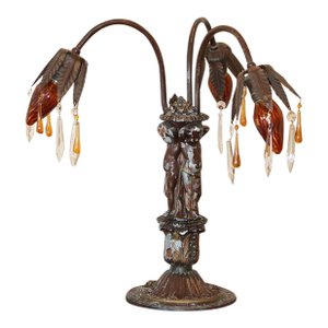 Antique Art Nouveau Cast Metal 3-Armed Parlor Lamp With Teardrop Crystals