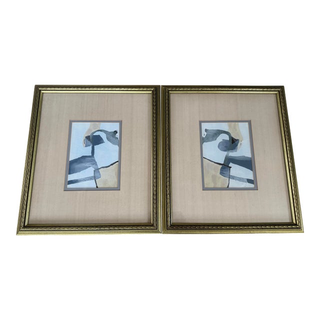 Pair of Original Acrylic Abstract Paintings Matted in Vintage Frames For Sale